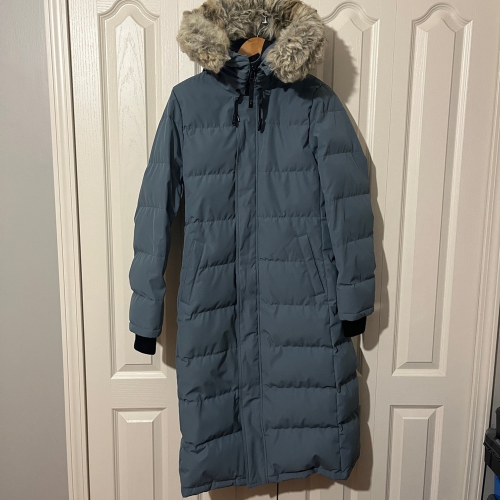 Women’s Aritzia TNA St. Anton Powder Parka Long Puffer Jacket Blue Sz. M